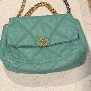 CHANEL 19 Turqouise (blue/green) Quilted Shoulder Bag with multi metal chain